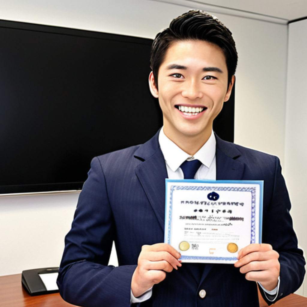 **Prompt:** A smiling young professional in a modern Japanese office, confidently presenting a project. In the foreground, subtly include JLPT N2 certificate and a Cisco (CCNA) certificate. The overall feel should be bright and optimistic, suggesting career success.