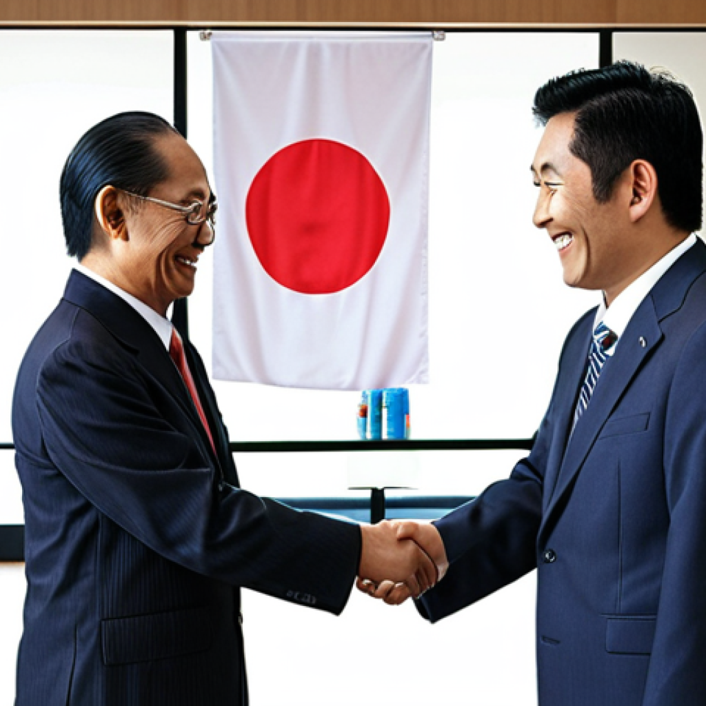 **A Malaysian businessman shaking hands with a Japanese businessman in a modern office in Kuala Lumpur. Both are smiling, and a Malaysian flag and a Japanese flag are subtly visible in the background. The Malaysian businessman is handing over a business card (meishi) with two hands. Focus on conveying trust and a strong business relationship.**