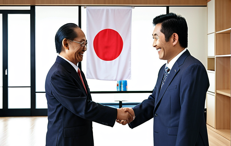 **A Malaysian businessman shaking hands with a Japanese businessman in a modern office in Kuala Lumpur. Both are smiling, and a Malaysian flag and a Japanese flag are subtly visible in the background. The Malaysian businessman is handing over a business card (meishi) with two hands. Focus on conveying trust and a strong business relationship.**