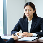 A young Malaysian professional woman, dressed in a modest, dark business suit, sits attentively at a conference table in a modern Japanese corporate office. She is engaged in a polite, formal conversation with Japanese colleagues, subtly demonstrating the nuances of business etiquette. Her expression is focused and respectful. The office environment is clean and brightly lit, with professional decor. Perfect anatomy, correct proportions, natural pose, well-formed hands, proper finger count, natural body proportions, professional photography, high quality, safe for work, appropriate content, fully clothed, professional.