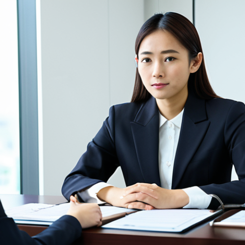 A young Malaysian professional woman, dressed in a modest, dark business suit, sits attentively at a conference table in a modern Japanese corporate office. She is engaged in a polite, formal conversation with Japanese colleagues, subtly demonstrating the nuances of business etiquette. Her expression is focused and respectful. The office environment is clean and brightly lit, with professional decor. Perfect anatomy, correct proportions, natural pose, well-formed hands, proper finger count, natural body proportions, professional photography, high quality, safe for work, appropriate content, fully clothed, professional.