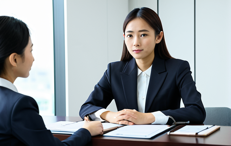A young Malaysian professional woman, dressed in a modest, dark business suit, sits attentively at a conference table in a modern Japanese corporate office. She is engaged in a polite, formal conversation with Japanese colleagues, subtly demonstrating the nuances of business etiquette. Her expression is focused and respectful. The office environment is clean and brightly lit, with professional decor. Perfect anatomy, correct proportions, natural pose, well-formed hands, proper finger count, natural body proportions, professional photography, high quality, safe for work, appropriate content, fully clothed, professional.
