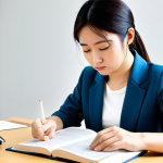 A focused young professional in modest, appropriate attire, diligently studying Japanese language textbooks and a tablet at a modern, well-lit study desk. The setting is a quiet, comfortable study room, suggesting deep concentration and ambition. The subject is fully clothed, in a natural pose with perfect anatomy, correct proportions, well-formed hands, and proper finger count. The image has a professional photography quality, high resolution, and is safe for work, appropriate content, fully clothed, and professional.