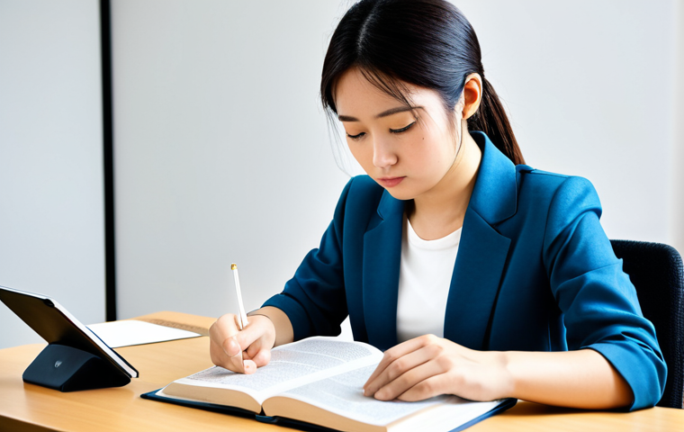 A focused young professional in modest, appropriate attire, diligently studying Japanese language textbooks and a tablet at a modern, well-lit study desk. The setting is a quiet, comfortable study room, suggesting deep concentration and ambition. The subject is fully clothed, in a natural pose with perfect anatomy, correct proportions, well-formed hands, and proper finger count. The image has a professional photography quality, high resolution, and is safe for work, appropriate content, fully clothed, and professional.