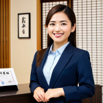 A confident young Malaysian woman, fully clothed in a modest, smart business casual outfit, stands with a warm smile at the reception desk of a modern, upscale Japanese hotel. She holds a Japanese Language Proficiency Test (JLPT) N2 certificate prominently, symbolizing her excellent communication skills. The background features a clean, well-lit hotel lobby with subtle traditional Japanese elements. The scene conveys professionalism, success, and readiness for a quality working holiday experience in Japan. safe for work, appropriate content, fully clothed, professional dress, perfect anatomy, correct proportions, natural pose, well-formed hands, proper finger count, natural body proportions, high-quality professional photography, detailed, bright lighting.