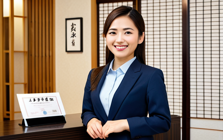 A confident young Malaysian woman, fully clothed in a modest, smart business casual outfit, stands with a warm smile at the reception desk of a modern, upscale Japanese hotel. She holds a Japanese Language Proficiency Test (JLPT) N2 certificate prominently, symbolizing her excellent communication skills. The background features a clean, well-lit hotel lobby with subtle traditional Japanese elements. The scene conveys professionalism, success, and readiness for a quality working holiday experience in Japan. safe for work, appropriate content, fully clothed, professional dress, perfect anatomy, correct proportions, natural pose, well-formed hands, proper finger count, natural body proportions, high-quality professional photography, detailed, bright lighting.