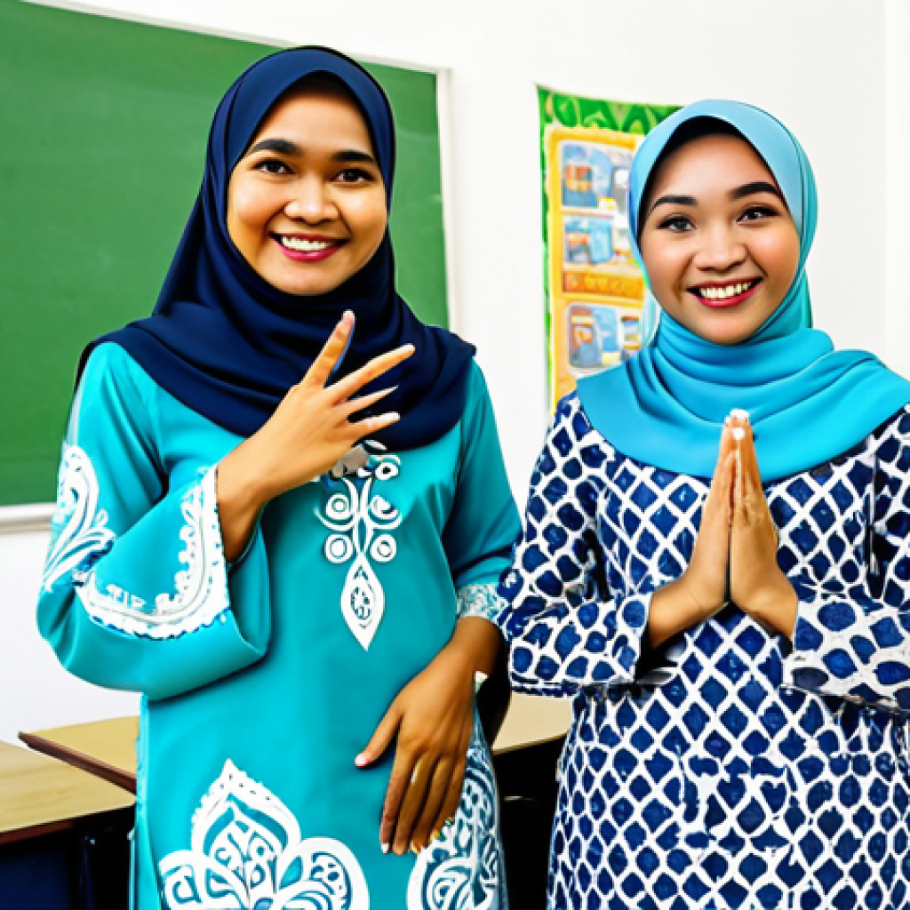 **

A Malaysian teacher, fully clothed in a modest baju kurung, smiling warmly at her students in a bright and cheerful classroom decorated with batik patterns and posters about Hari Raya Aidilfitri. Safe for work, appropriate content, professional, family-friendly, perfect anatomy, natural proportions, well-formed hands, proper finger count, natural pose, high quality.

**
