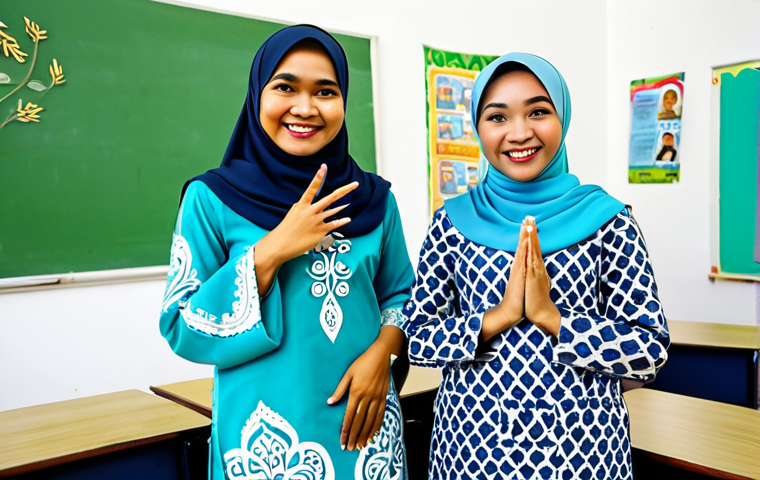 **

A Malaysian teacher, fully clothed in a modest baju kurung, smiling warmly at her students in a bright and cheerful classroom decorated with batik patterns and posters about Hari Raya Aidilfitri. Safe for work, appropriate content, professional, family-friendly, perfect anatomy, natural proportions, well-formed hands, proper finger count, natural pose, high quality.

**