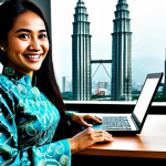 **

A professional Malaysian businesswoman in a *baju kurung* (traditional Malay dress) made of batik, working at a modern desk with a laptop in a bright, contemporary Kuala Lumpur office overlooking the Petronas Towers. She is smiling confidently, looking directly at the viewer. Perfect anatomy, correct proportions, natural pose, well-formed hands, proper finger count, natural body proportions. Safe for work, appropriate content, fully clothed, professional, modest, family-friendly, high quality, professional photography.

**