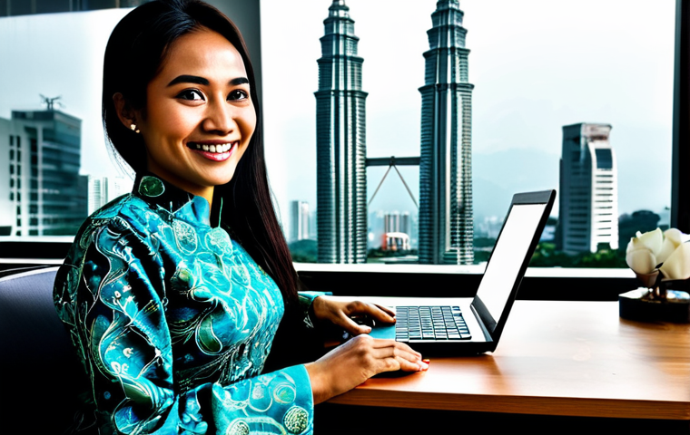 **

A professional Malaysian businesswoman in a *baju kurung* (traditional Malay dress) made of batik, working at a modern desk with a laptop in a bright, contemporary Kuala Lumpur office overlooking the Petronas Towers. She is smiling confidently, looking directly at the viewer. Perfect anatomy, correct proportions, natural pose, well-formed hands, proper finger count, natural body proportions. Safe for work, appropriate content, fully clothed, professional, modest, family-friendly, high quality, professional photography.

**