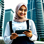 **

A young professional woman, fully clothed in a modest, stylish hijab and business casual attire, stands confidently in front of the Petronas Twin Towers in Kuala Lumpur. She is holding a tablet, smiling slightly. Safe for work, appropriate content, professional, perfect anatomy, correct proportions, natural pose, well-formed hands, proper finger count, natural body proportions, high quality.

**