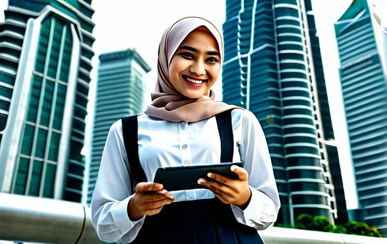 **

A young professional woman, fully clothed in a modest, stylish hijab and business casual attire, stands confidently in front of the Petronas Twin Towers in Kuala Lumpur. She is holding a tablet, smiling slightly. Safe for work, appropriate content, professional, perfect anatomy, correct proportions, natural pose, well-formed hands, proper finger count, natural body proportions, high quality.

**