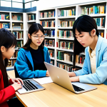 A diverse group of students studying Japanese together in a bright, modern library. Some are using laptops, others are reviewing textbooks and flashcards. Everyone is fully clothed in appropriate attire. Safe for work, professional, family-friendly, perfect anatomy, natural proportions, high quality.