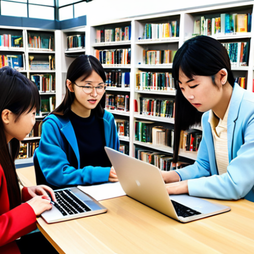 A diverse group of students studying Japanese together in a bright, modern library. Some are using laptops, others are reviewing textbooks and flashcards. Everyone is fully clothed in appropriate attire. Safe for work, professional, family-friendly, perfect anatomy, natural proportions, high quality.