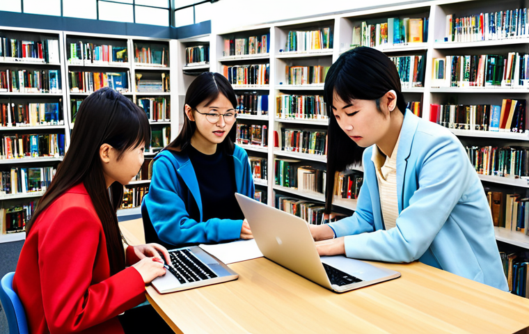 A diverse group of students studying Japanese together in a bright, modern library. Some are using laptops, others are reviewing textbooks and flashcards. Everyone is fully clothed in appropriate attire. Safe for work, professional, family-friendly, perfect anatomy, natural proportions, high quality.