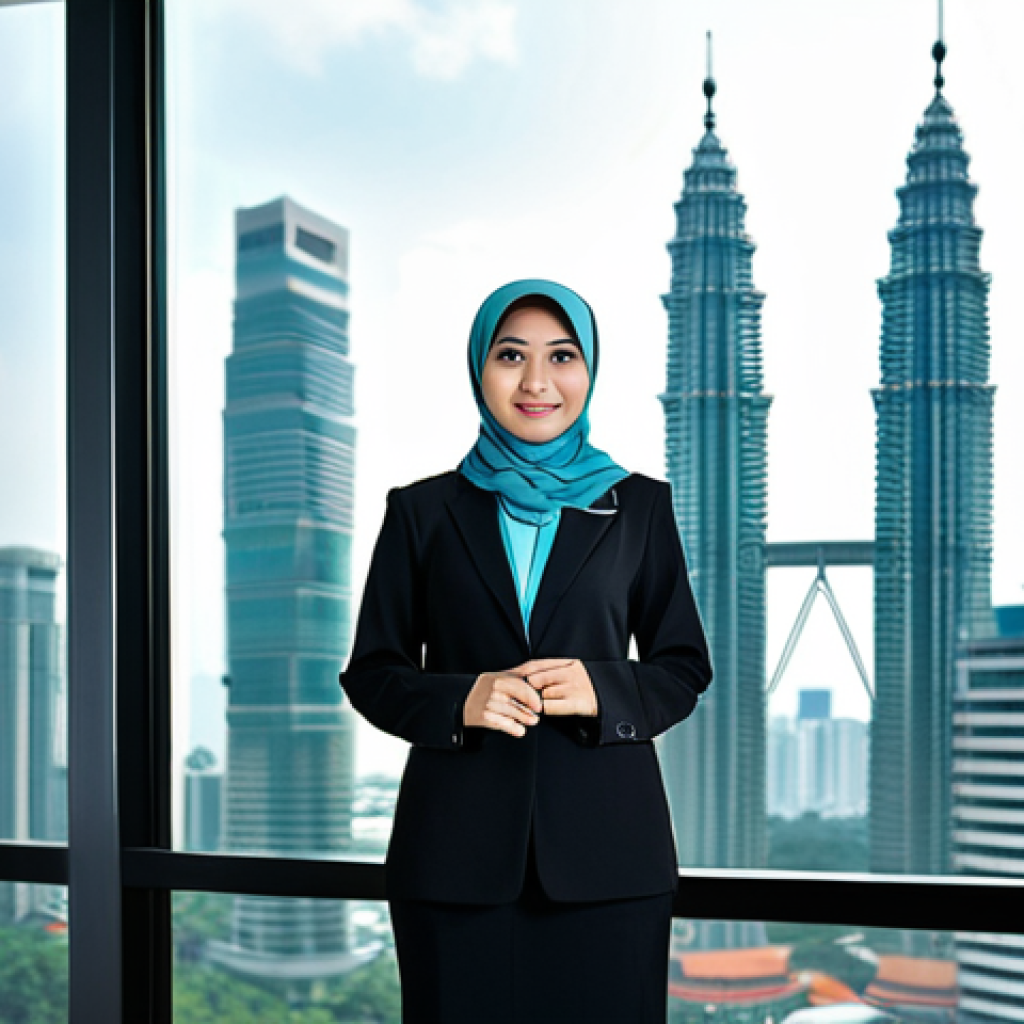 JLPT와 일본 내 거주 및 생활 적응 노하우 - A Malaysian woman in modest office attire, standing in a modern Kuala Lumpur office with the Petrona...