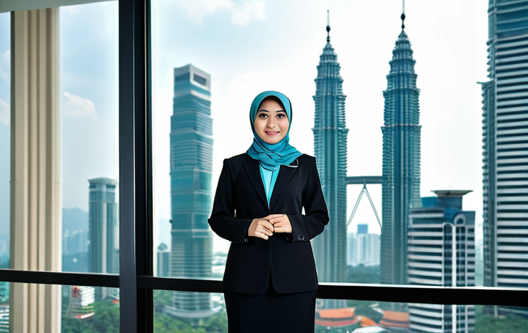 JLPT와 일본 내 거주 및 생활 적응 노하우 - A Malaysian woman in modest office attire, standing in a modern Kuala Lumpur office with the Petrona...