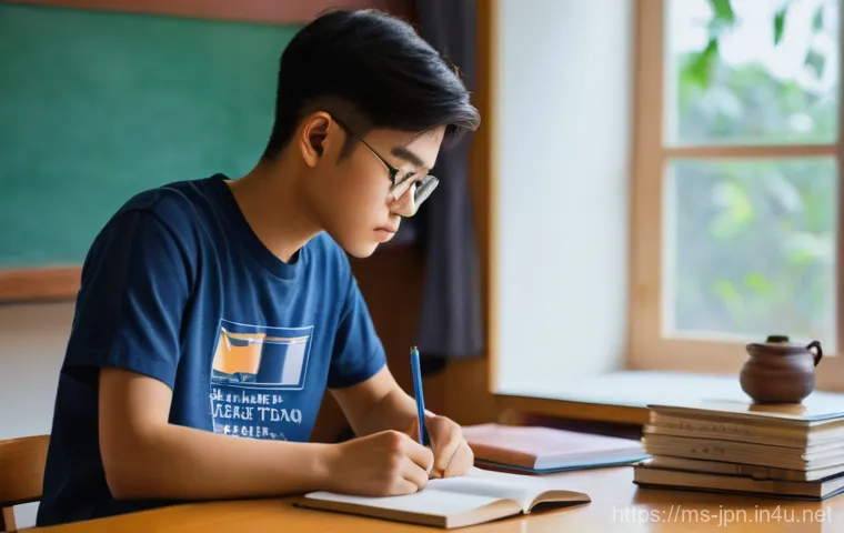 JLPT 독해 능력 빠르게 높이는 방법 - **Prompt:** A young Malaysian student, in their late teens, is seated at a well-organized wooden des...