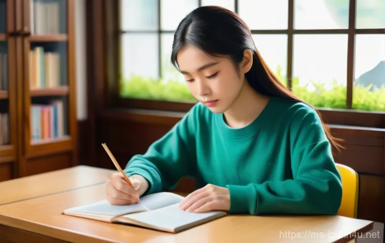 JLPT와 일본 내 인턴십 프로그램 참여 사례 - A determined young Malaysian female student, wearing a modest long-sleeved top and comfortable trous...