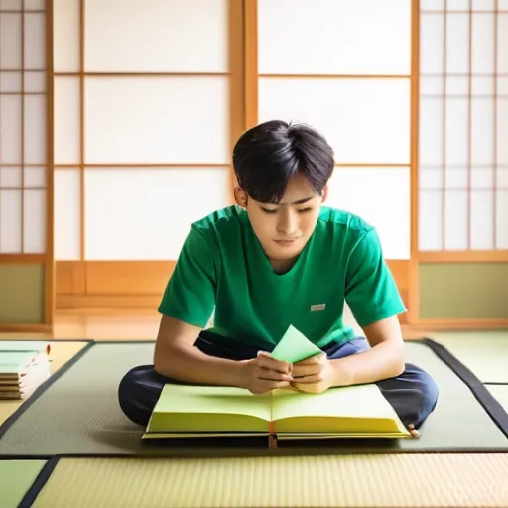 JLPT와 일본 이민 준비 - **Prompt:** A focused young Southeast Asian student, gender-neutral, sits comfortably on a tatami ma...