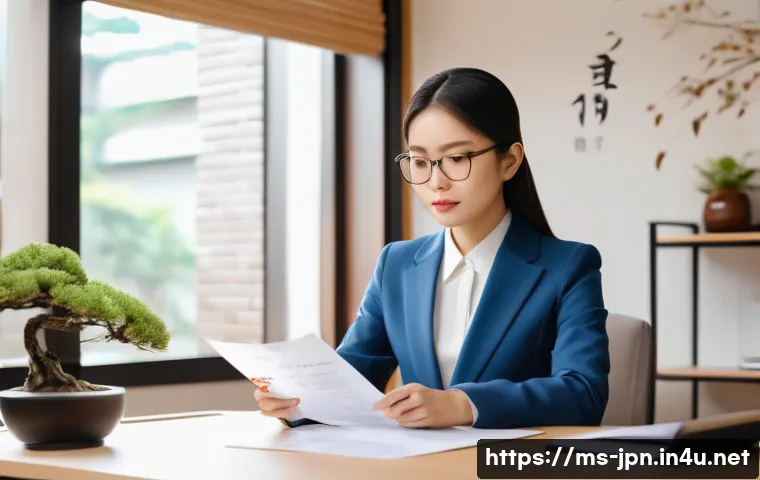 JLPT와 일본어 능력 시험의 실질적 영향 - A young Malaysian professional woman sitting at a modern office desk, confidently reviewing a Japane...