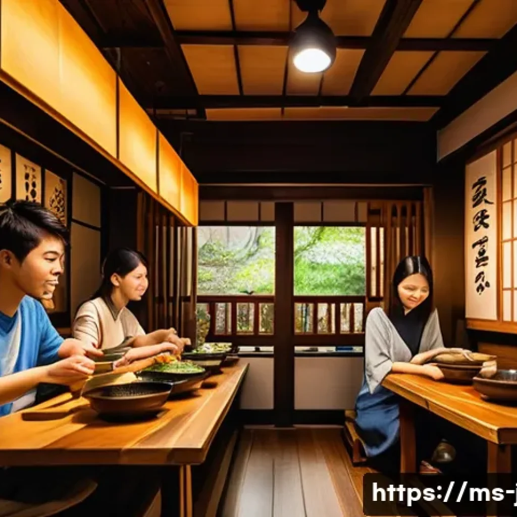 JLPT 취득 후 일본 문화 콘텐츠 제작 사례 - A cozy traditional Japanese ramen shop interior filled with warm lighting and wooden decor, showcasi...