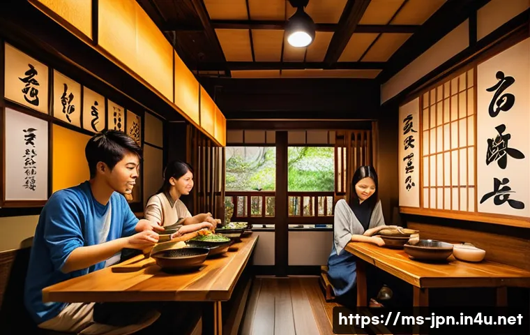 JLPT 취득 후 일본 문화 콘텐츠 제작 사례 - A cozy traditional Japanese ramen shop interior filled with warm lighting and wooden decor, showcasi...