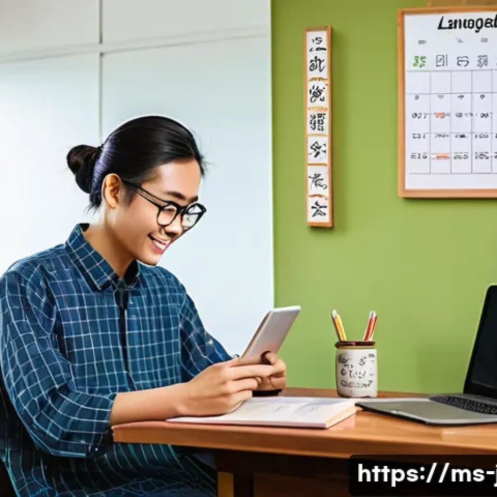 JLPT와 일본어 교육 연구 프로젝트 사례 - A cozy study room scene featuring a young adult Malaysian learner sitting at a wooden desk with Japa...