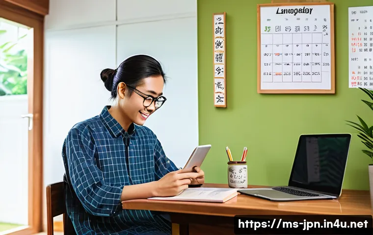 JLPT와 일본어 교육 연구 프로젝트 사례 - A cozy study room scene featuring a young adult Malaysian learner sitting at a wooden desk with Japa...
