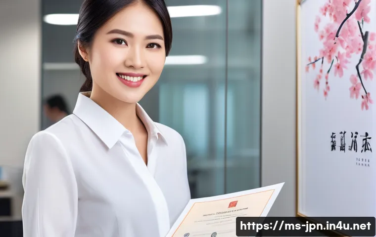 JLPT 자격증 활용 해외 진출 성공 사례 - A professional Southeast Asian woman in smart casual attire holding a JLPT certificate with a confid...