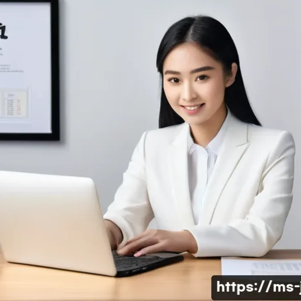 JLPT 자격증 활용 포트폴리오 제작법 - A professional young Malay woman sitting at a modern office desk, confidently presenting her digital...