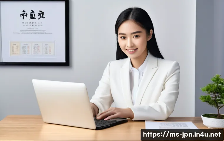 JLPT 자격증 활용 포트폴리오 제작법 - A professional young Malay woman sitting at a modern office desk, confidently presenting her digital...