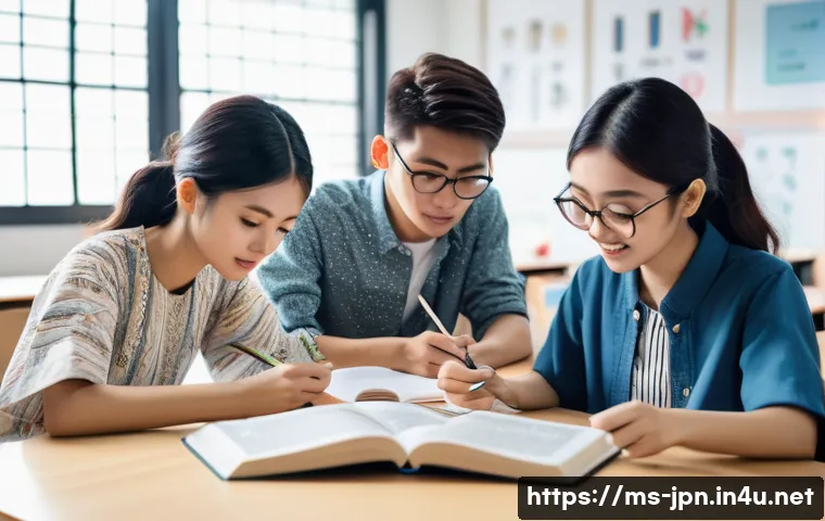 JLPT와 일본 내 자격증과의 학문적 분석 - A diverse group of young Malaysian students studying Japanese together in a modern classroom setting...