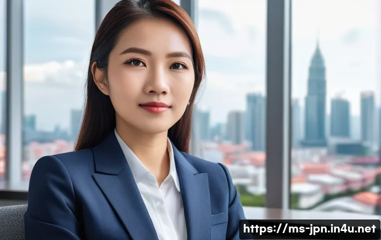 JLPT 자격증 활용 해외 교류 사례 - A professional young Malaysian woman confidently attending a multinational job interview, dressed in...