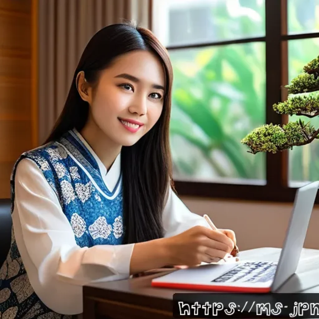 JLPT와 일본 내 주요 자격증 조합 활용법 - A professional young Malay woman studying Japanese language at home, surrounded by JLPT N2 textbooks...