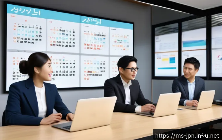 JLPT 자격증과 일본 IT 기업 취업 사례 - A modern Japanese IT office environment showing a diverse group of professionals collaborating on cl...