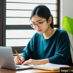 Home 22 JLPT 시험 경험담 작성하기 - A focused young Malaysian adult studying Japanese for the JLPT exam at a cozy home desk, surrounded ...