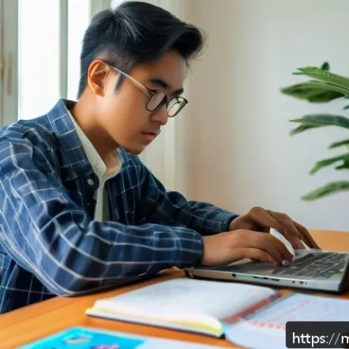Home 33 JLPT 시험에서 실수하지 않는 꿀팁 - A focused Malaysian student studying at a tidy desk in a bright morning room, natural sunlight strea...