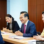 Home 20 JLPT와 일본 비즈니스 문화 - A professional Malaysian business meeting scene showcasing effective international communication: di...
