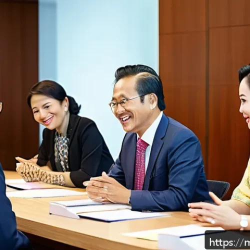 Home 32 JLPT와 일본 비즈니스 문화 - A professional Malaysian business meeting scene showcasing effective international communication: di...