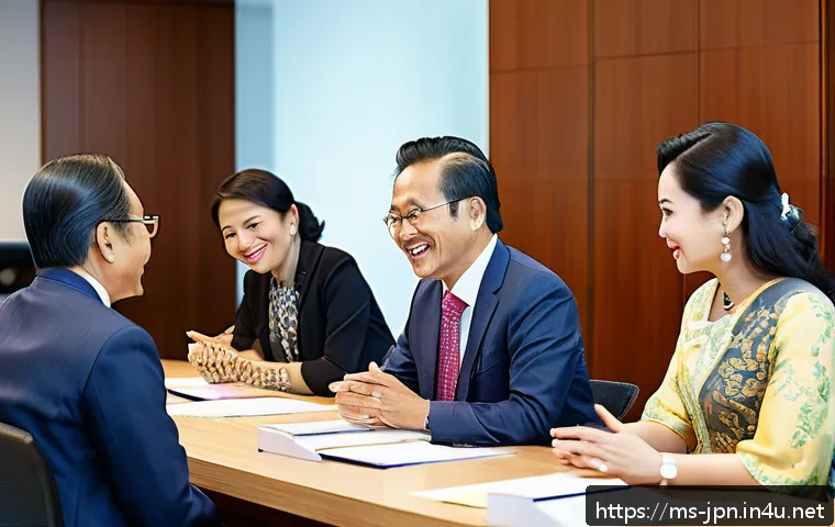 JLPT와 일본 비즈니스 문화 - A professional Malaysian business meeting scene showcasing effective international communication: di...