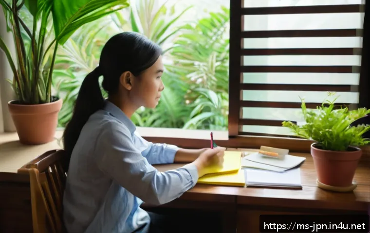JLPT 시험을 위한 동기부여 방법 - A cozy study room in a Malaysian home during daylight, featuring a young Malay adult sitting at a ti...