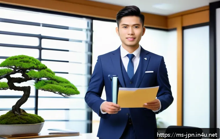JLPT 취득 후 일본 국내 거주 방법 - A professional young Malay man in business attire holding a valid JLPT N2 certificate and a job offe...