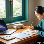 Home 23 JLPT와 일본어 고급 학습 자료 추천 - A focused young Malaysian adult studying Japanese language at a cozy home desk, surrounded by JLPT N...
