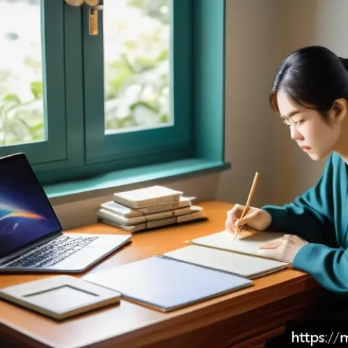 Home 17 JLPT와 일본어 고급 학습 자료 추천 - A focused young Malaysian adult studying Japanese language at a cozy home desk, surrounded by JLPT N...