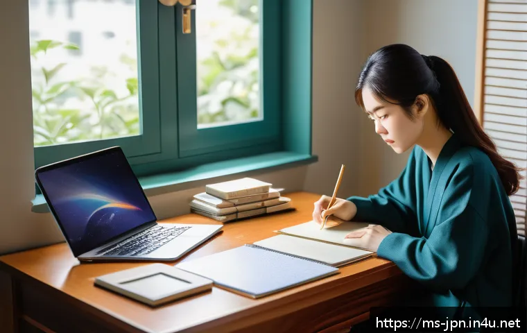 JLPT와 일본어 고급 학습 자료 추천 - A focused young Malaysian adult studying Japanese language at a cozy home desk, surrounded by JLPT N...