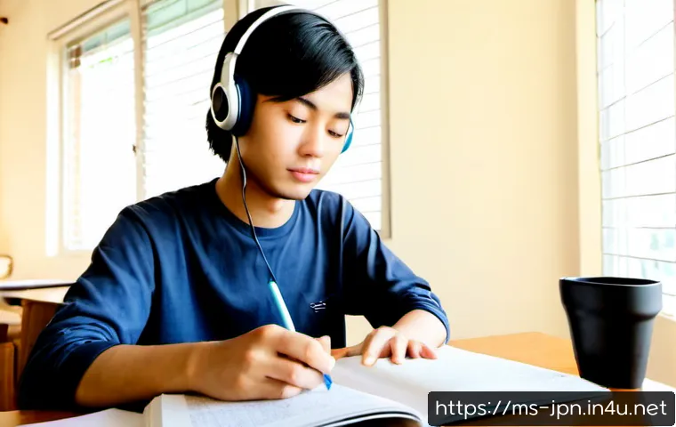 Home 17 JLPT 시험과 일본어 기초 회화 병행 학습 - Photorealistic Malaysian university student studying Japanese at a tidy home desk, open practice wor...