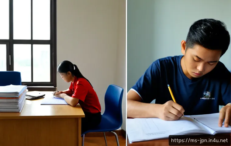 JLPT 시험 난이도 변화 추이 - Photorealistic split-scene comparison of a Malaysian university student preparing for a Japanese lan...